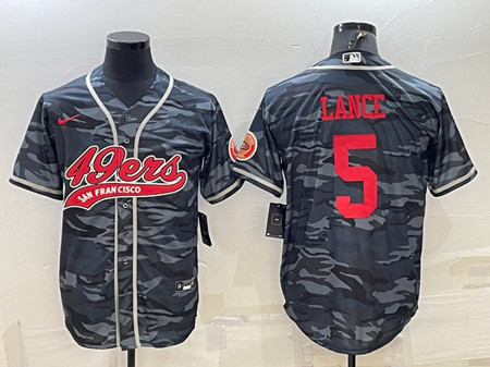 Men's San Francisco 49ers #5 Trey Lance Gray Red Camo With Patch Cool Base Stitched Baseball Jersey